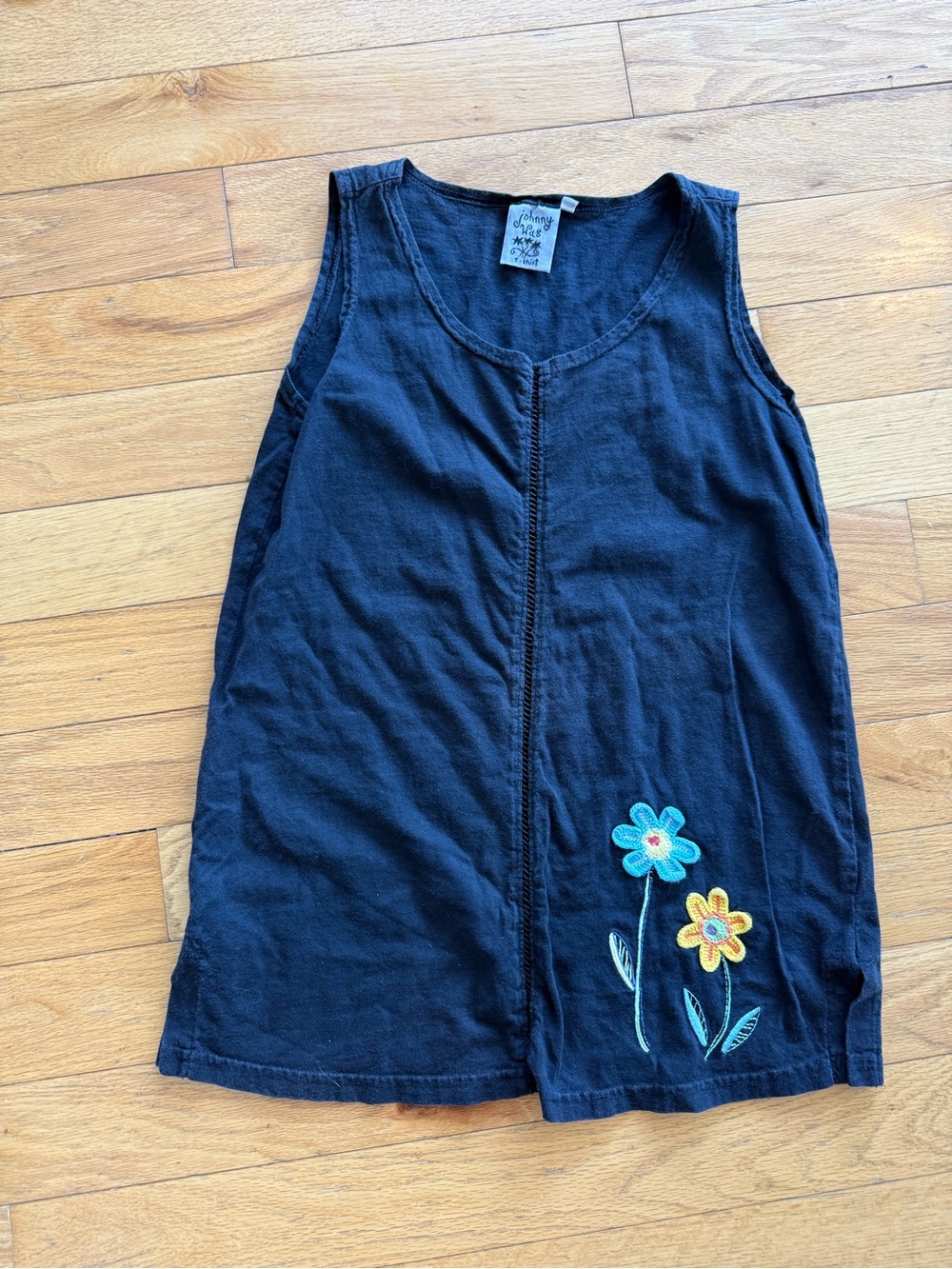 Johnny Was vintage black Tank Top with Blue and Yellow Flower Appliqués